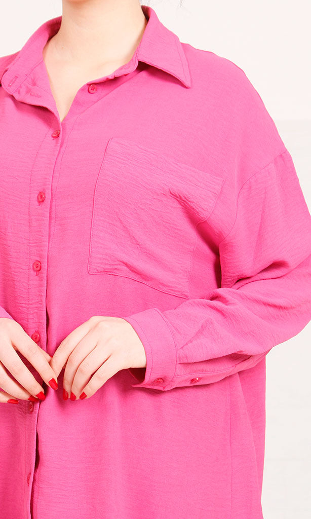 Fuchsia Oversized Long Sleeve Button-Up Shirt