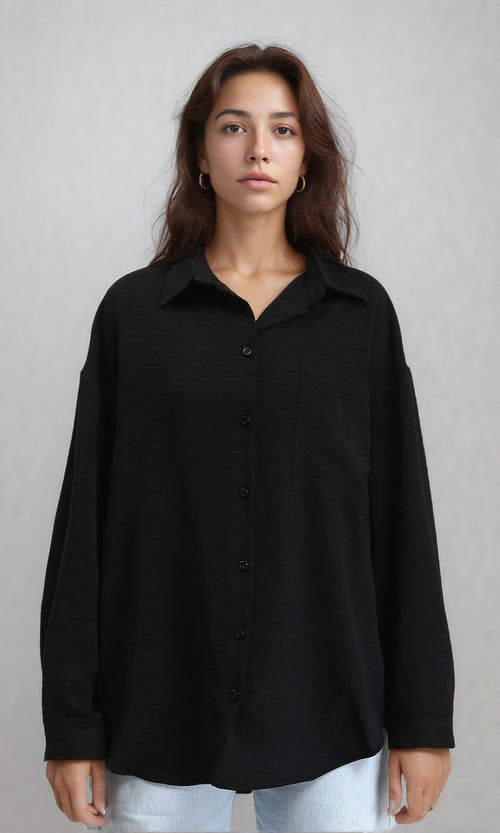 O204332 - Long Sleeves Textured Long Shirt - Black