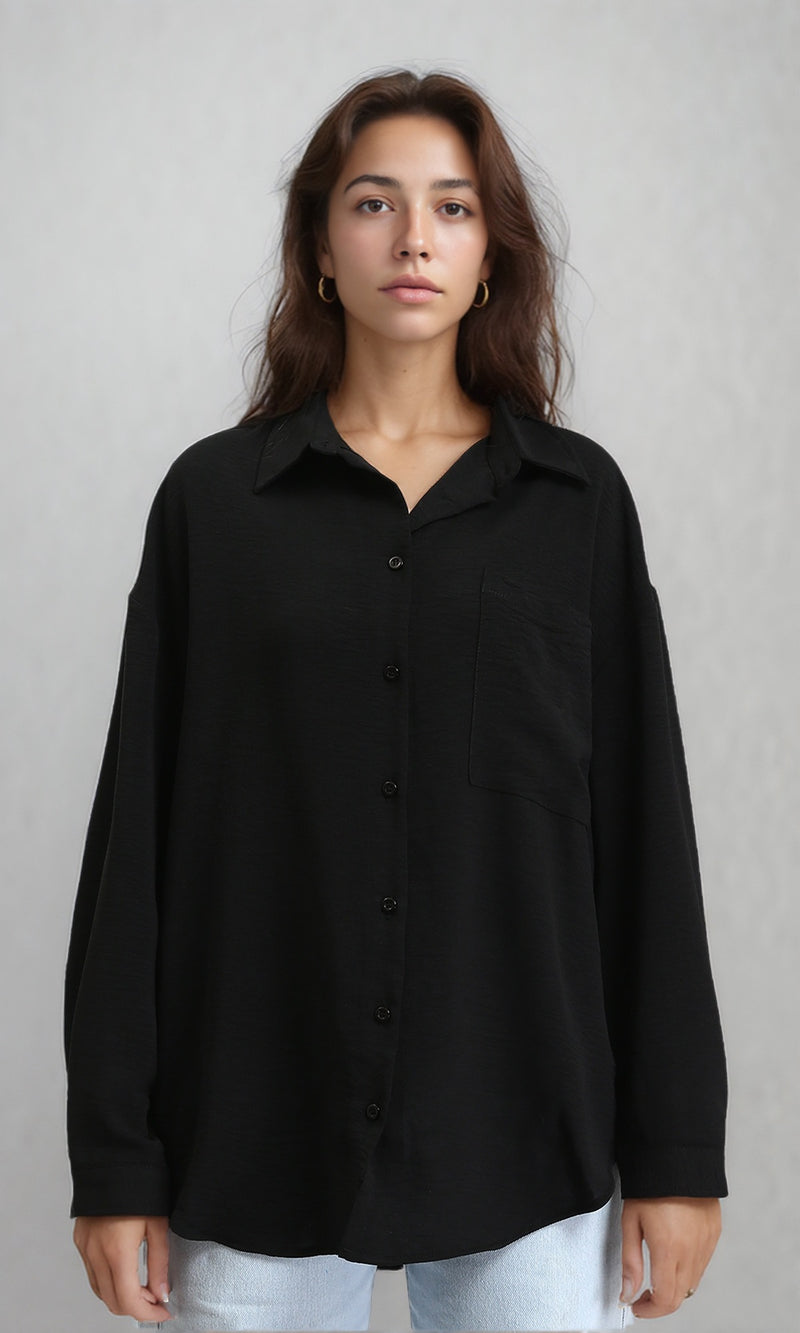O204332 - Long Sleeves Textured Long Shirt - Black
