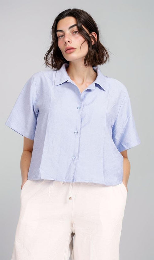 Cropped Linen Button-Up Shirt - Light Blue