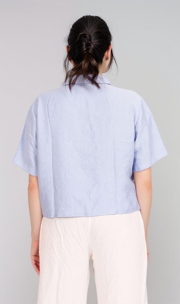 O204333 - Cropped Linen Button-Up Shirt - Light Blue