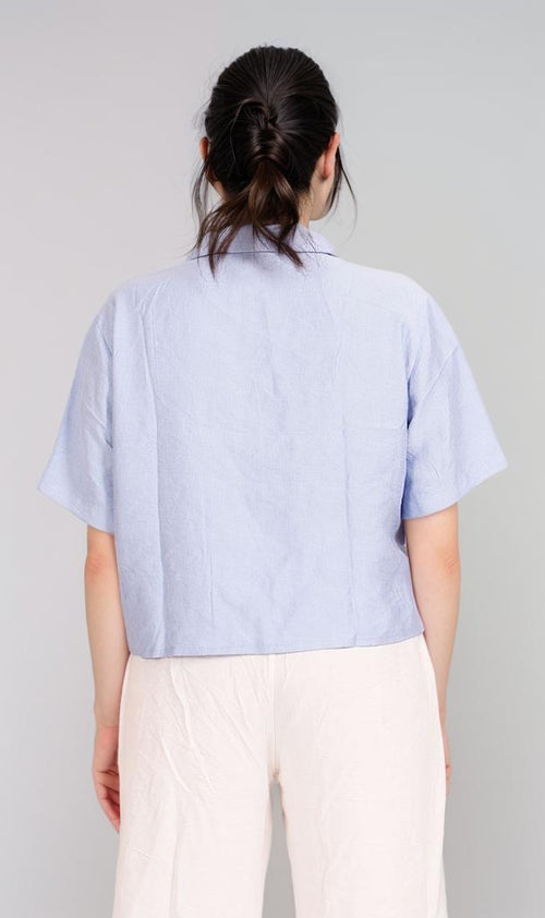 O204333 - Cropped Linen Button-Up Shirt - Light Blue