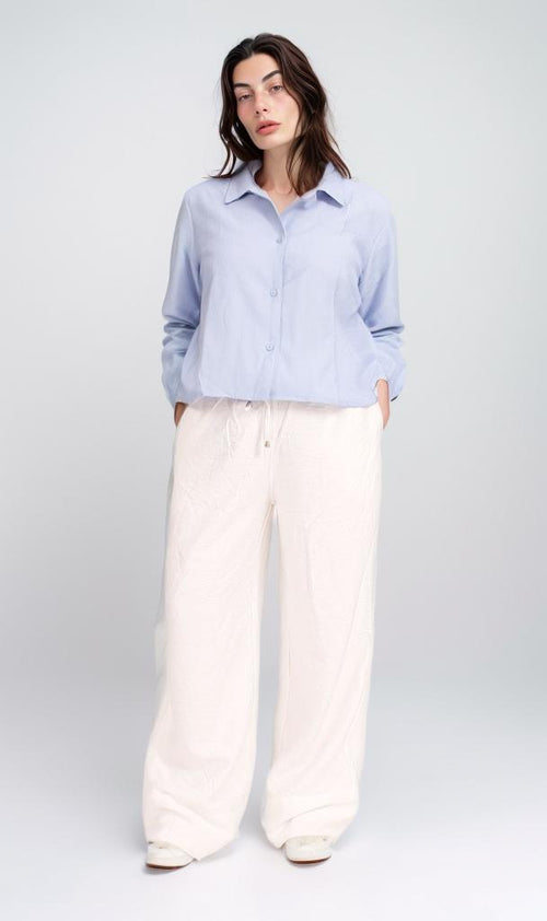 O204333 - Cropped Linen Button-Up Shirt - Light Blue