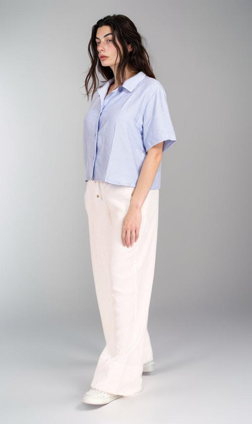 O204333 - Cropped Linen Button-Up Shirt - Light Blue