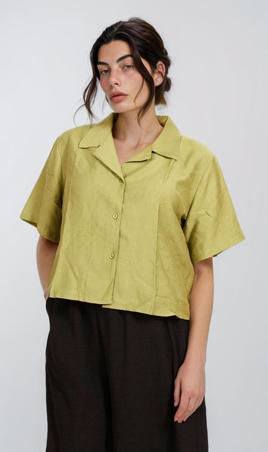 O204334 - Cropped Linen Button-Up Shirt - Olive Green