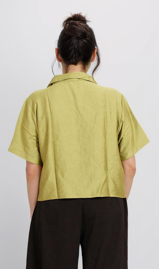 O204334 - Cropped Linen Button-Up Shirt - Olive Green