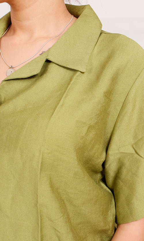O204334 - Cropped Linen Button-Up Shirt - Olive Green