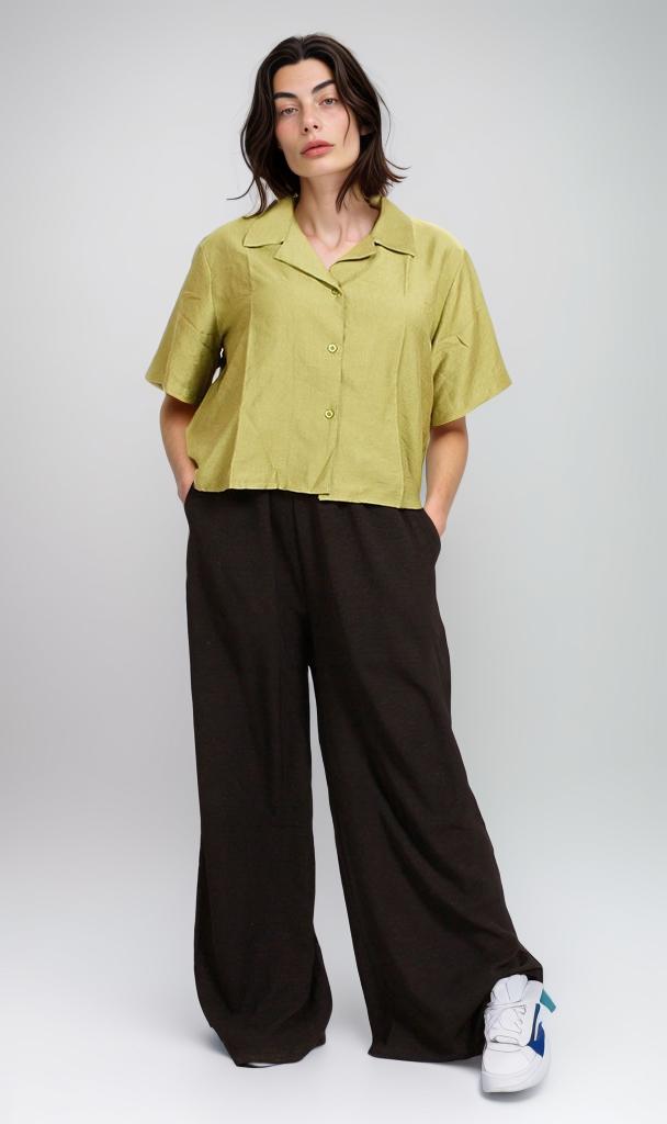 O204334 - Cropped Linen Button-Up Shirt - Olive Green