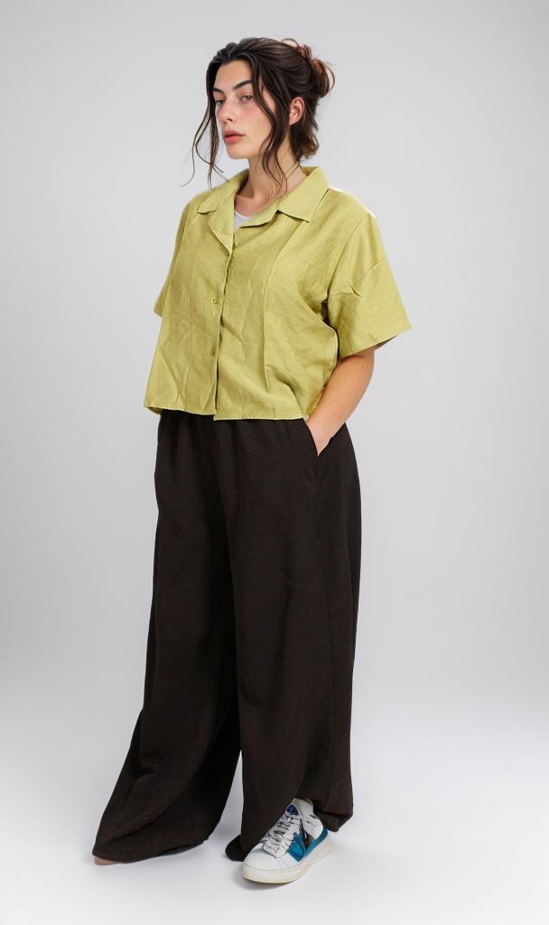 O204334 - Cropped Linen Button-Up Shirt - Olive Green