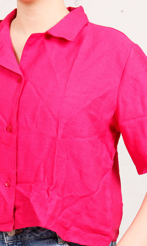 O204335-O204335 - Cropped Button-Up Shirt - Fuchsia