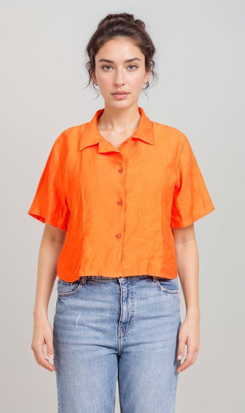 O204336-O204336 - Cropped Linen Shirt - Neon Orange