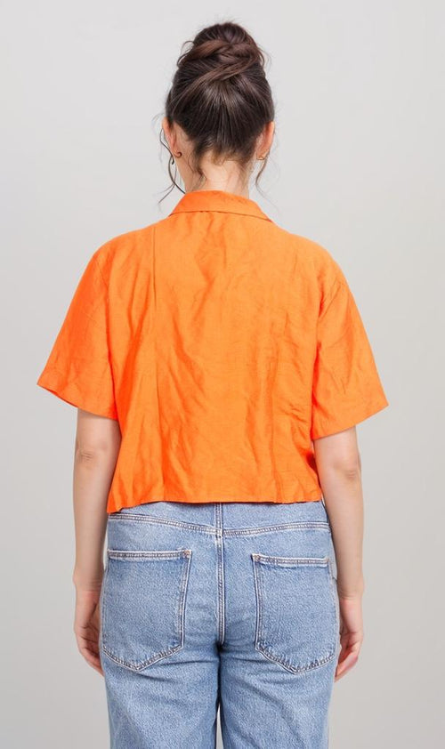 O204336-O204336 - Cropped Linen Shirt - Neon Orange