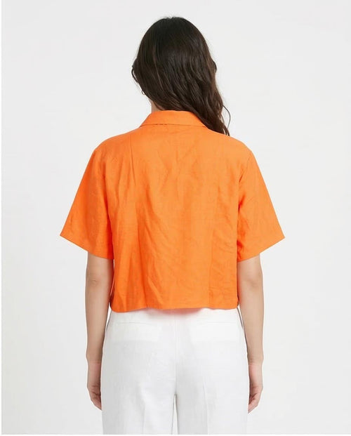 Ravin Women’s Cropped Linen-Look Short Sleeve Shirt - Neon Orange - O204336