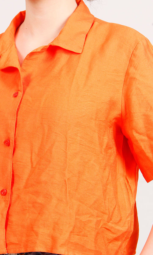 O204336-O204336 - Cropped Linen Shirt - Neon Orange