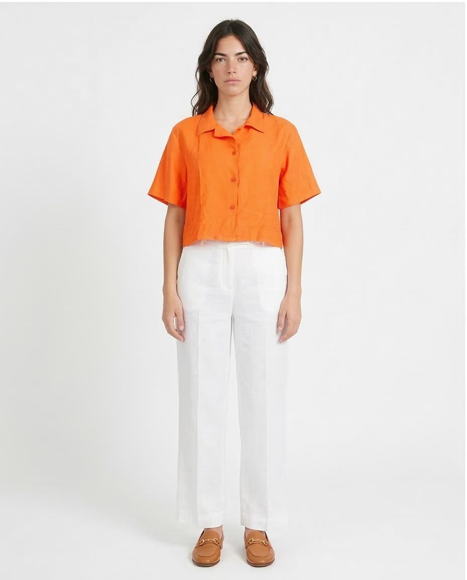 Ravin Women’s Cropped Linen-Look Short Sleeve Shirt - Neon Orange - O204336