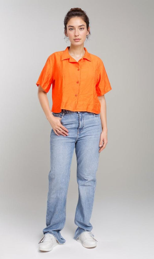 O204336-O204336 - Cropped Linen Shirt - Neon Orange