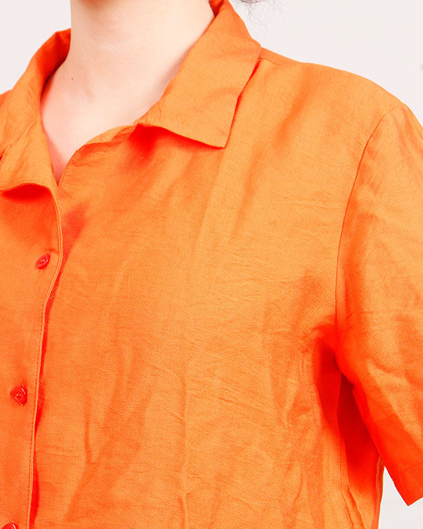 Ravin Women’s Cropped Linen-Look Short Sleeve Shirt - Neon Orange - O204336
