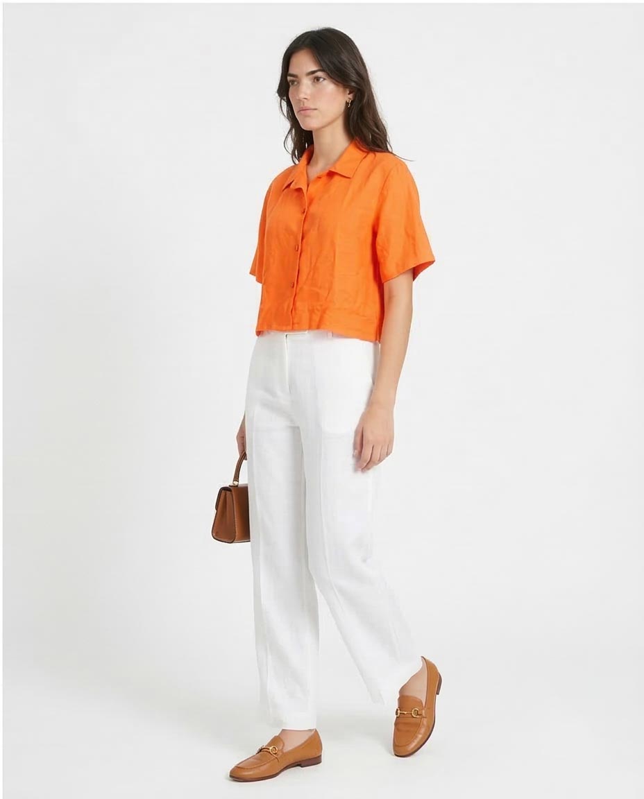 Ravin Women’s Cropped Linen-Look Short Sleeve Shirt - Neon Orange - O204336