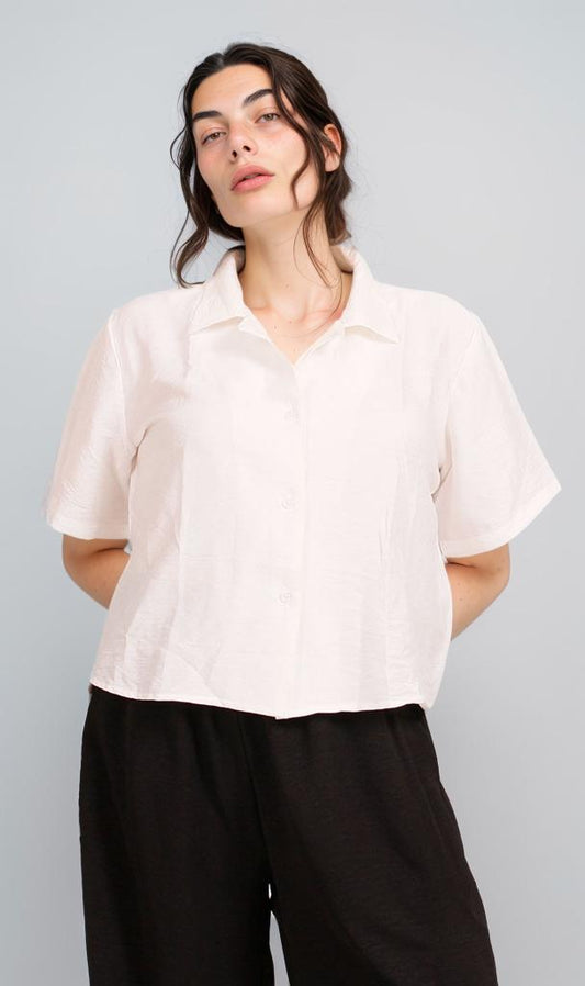 O204337 - Cropped Linen Button-Up Shirt - White