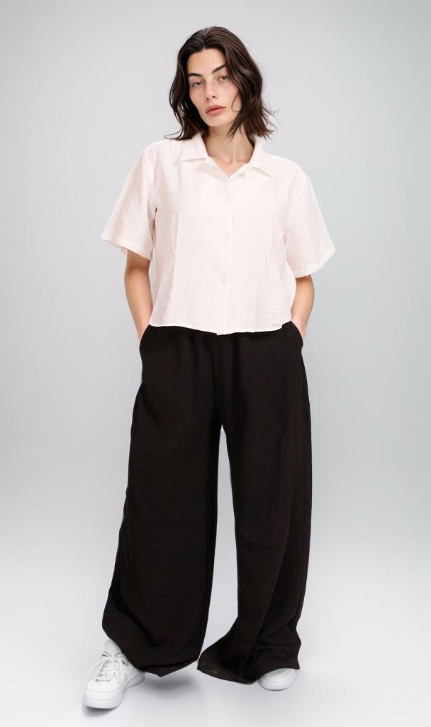 O204337 - Cropped Linen Button-Up Shirt - White