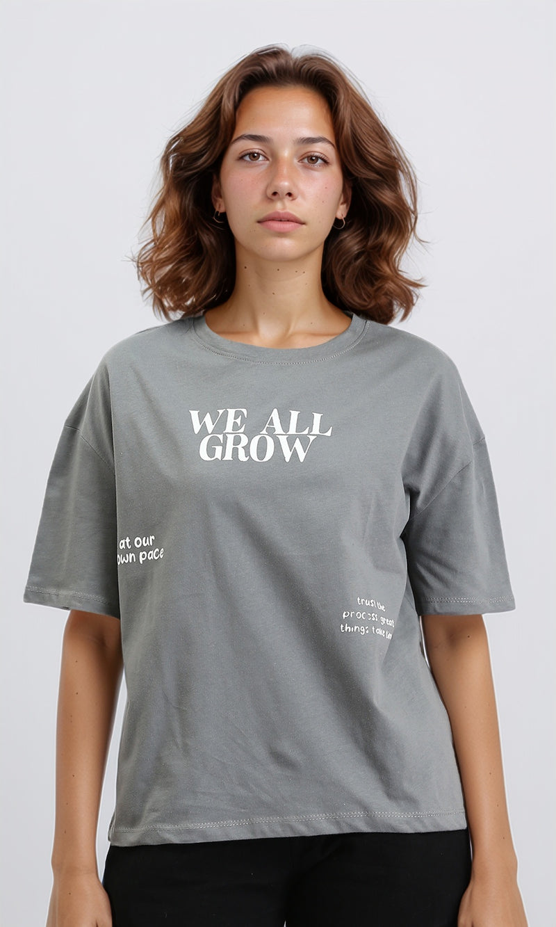 R204528 - Printed "We All Grow" Crew Neck Tee - Grey