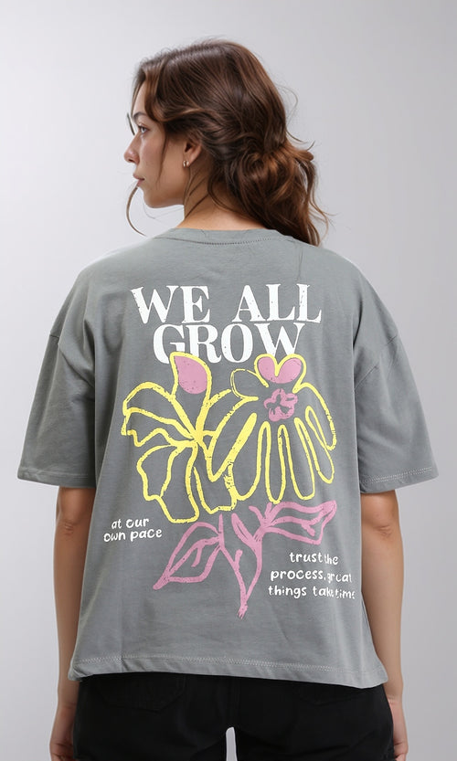 R204528 - Printed "We All Grow" Crew Neck Tee - Grey