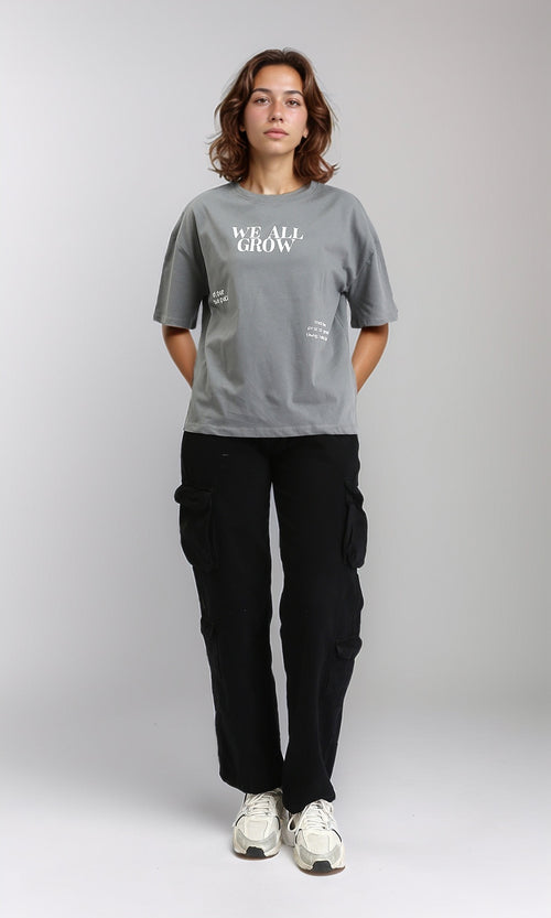 R204528 - Printed "We All Grow" Crew Neck Tee - Grey