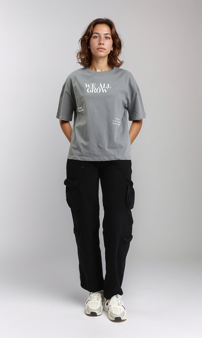 R204528 - Printed "We All Grow" Crew Neck Tee - Grey