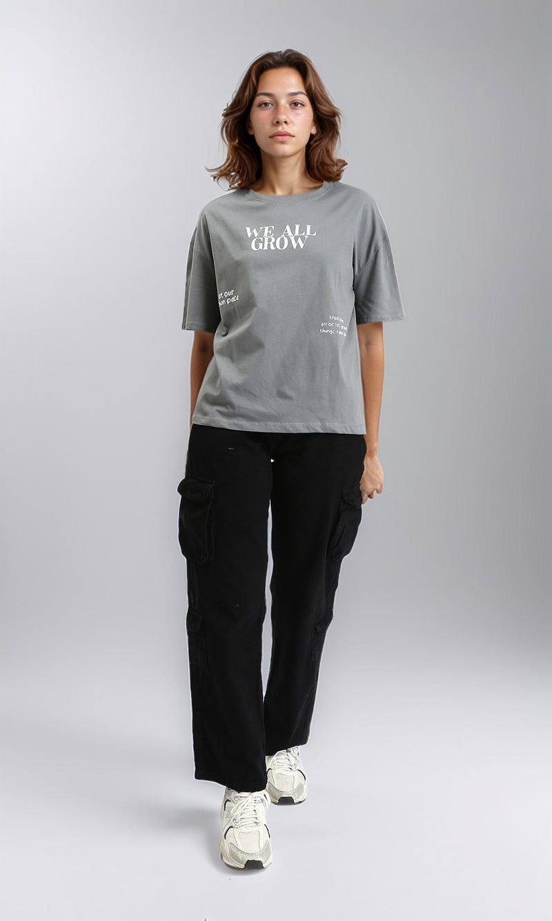 R204528 - Printed "We All Grow" Crew Neck Tee - Grey
