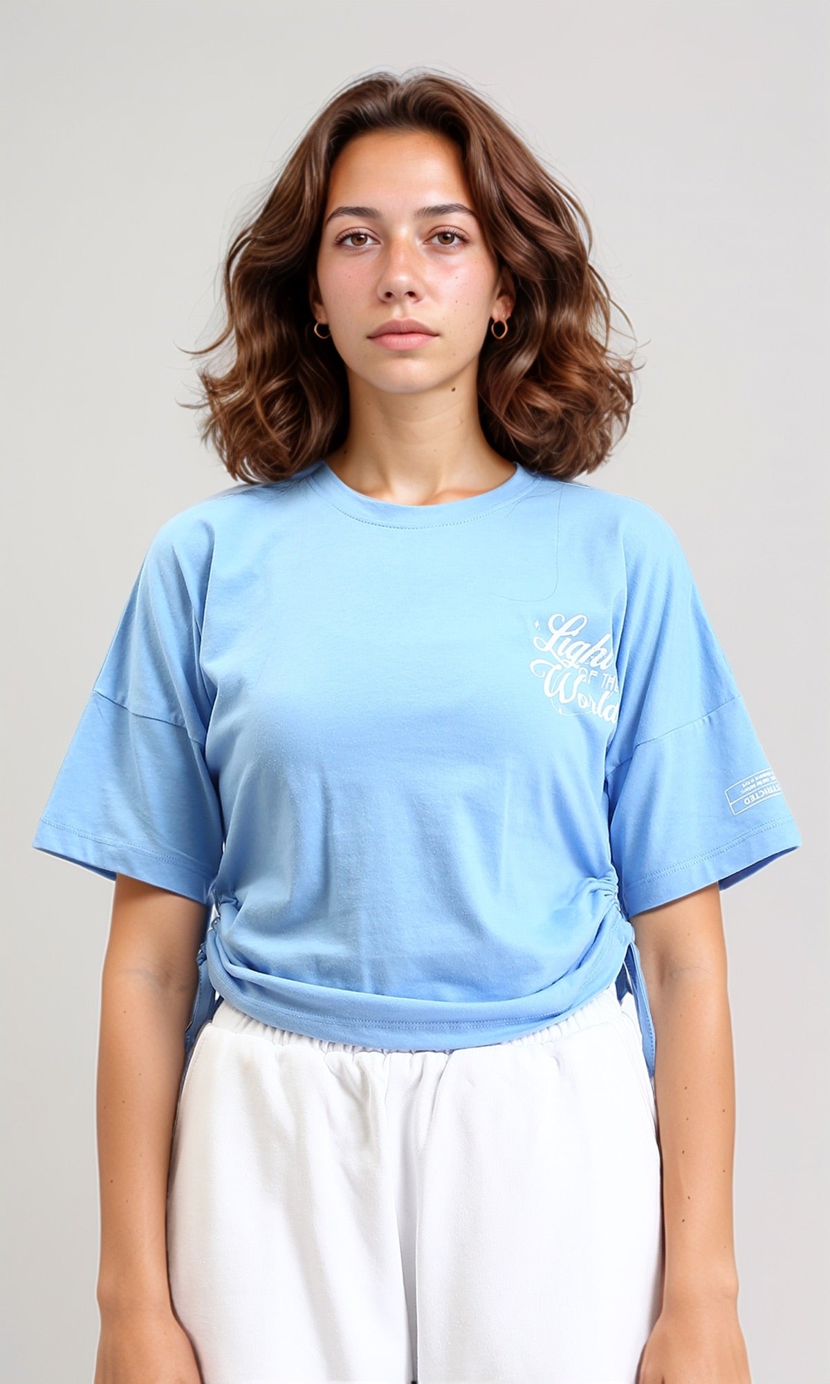 Printed Elbow Sleeves Cotton Tee - Light Blue