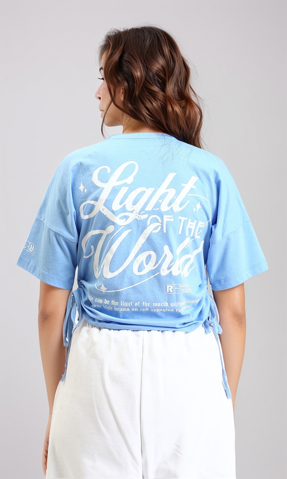 R204535 - Printed Elbow Sleeves Cotton Tee - Light Blue