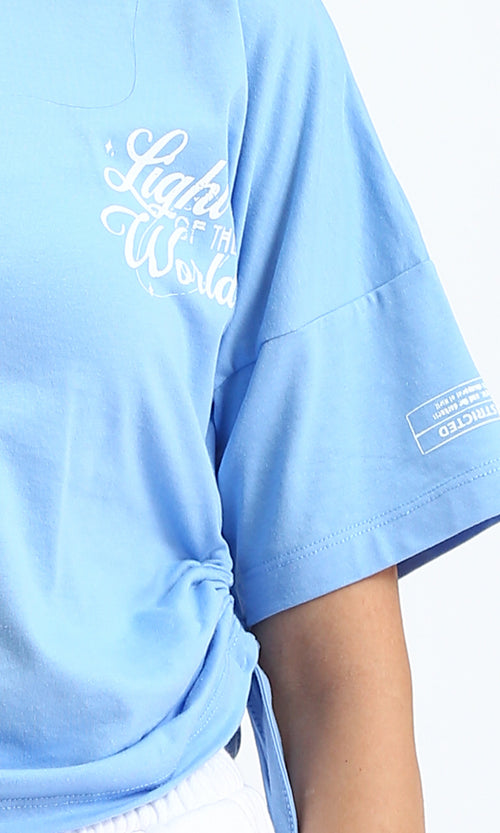R204535 - Printed Elbow Sleeves Cotton Tee - Light Blue
