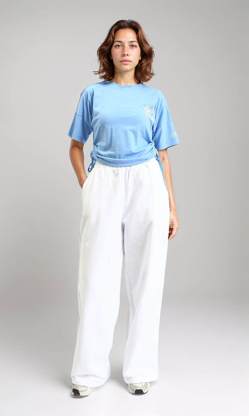 R204535 - Printed Elbow Sleeves Cotton Tee - Light Blue