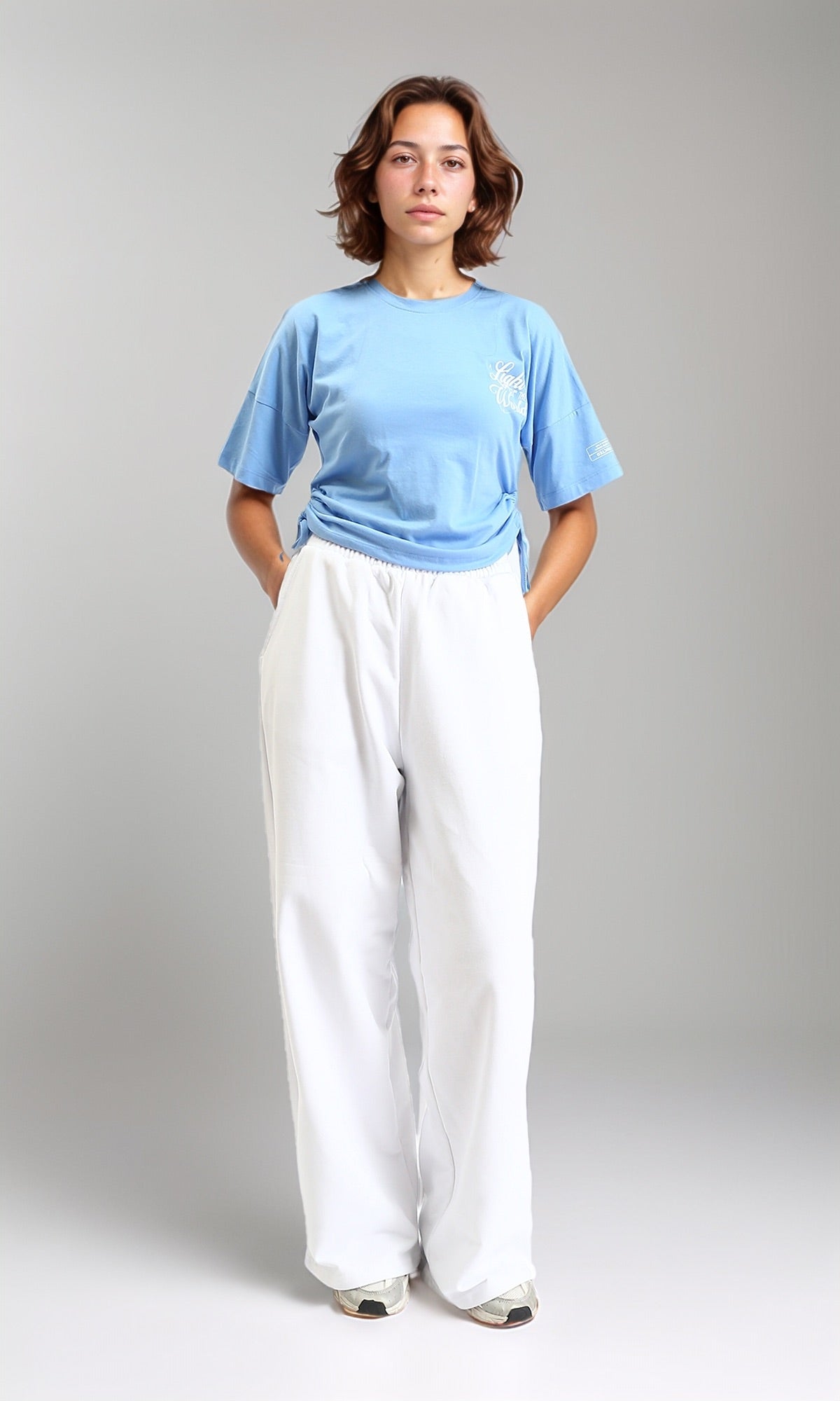 R204535 - Printed Elbow Sleeves Cotton Tee - Light Blue