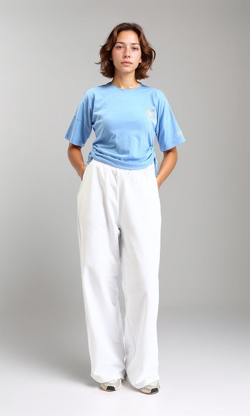 R204535 - Printed Elbow Sleeves Cotton Tee - Light Blue