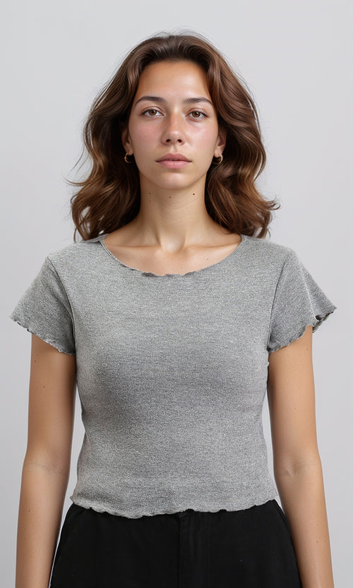 R204538 - Wide Neck Short Sleeves Top - Heather Grey