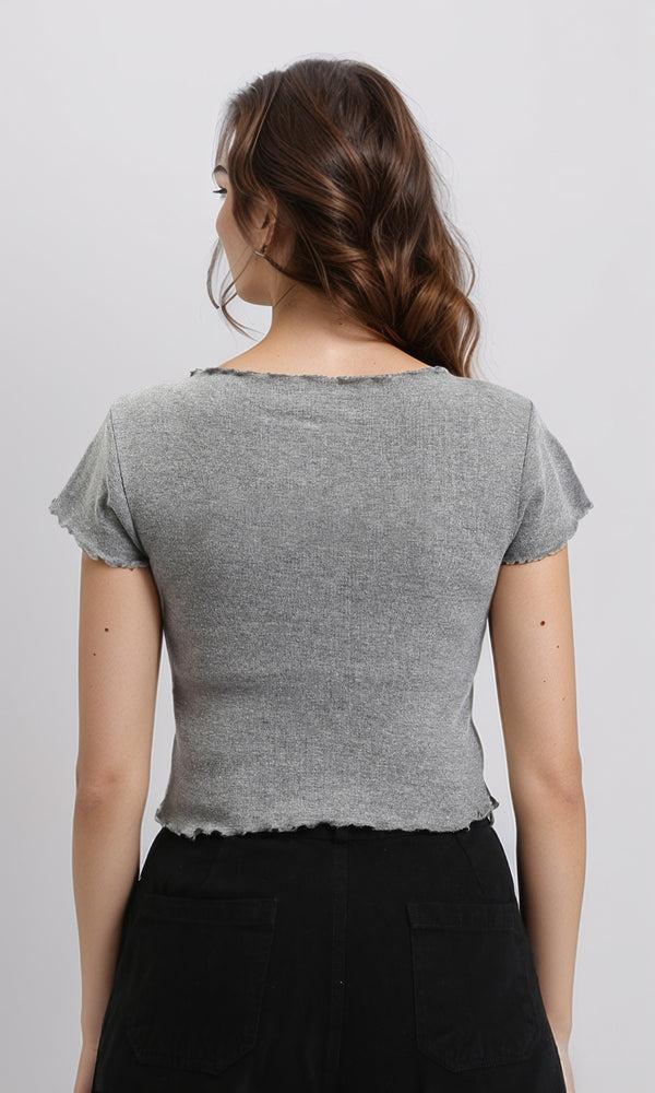R204538 - Wide Neck Short Sleeves Top - Heather Grey