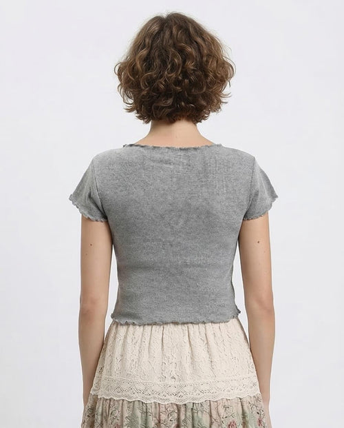 Ravin Women's Metallic Lettuce-Edge Ribbed Tee – Heather Grey - R204538