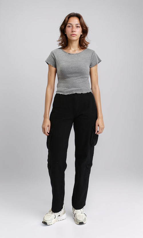 R204538 - Wide Neck Short Sleeves Top - Heather Grey