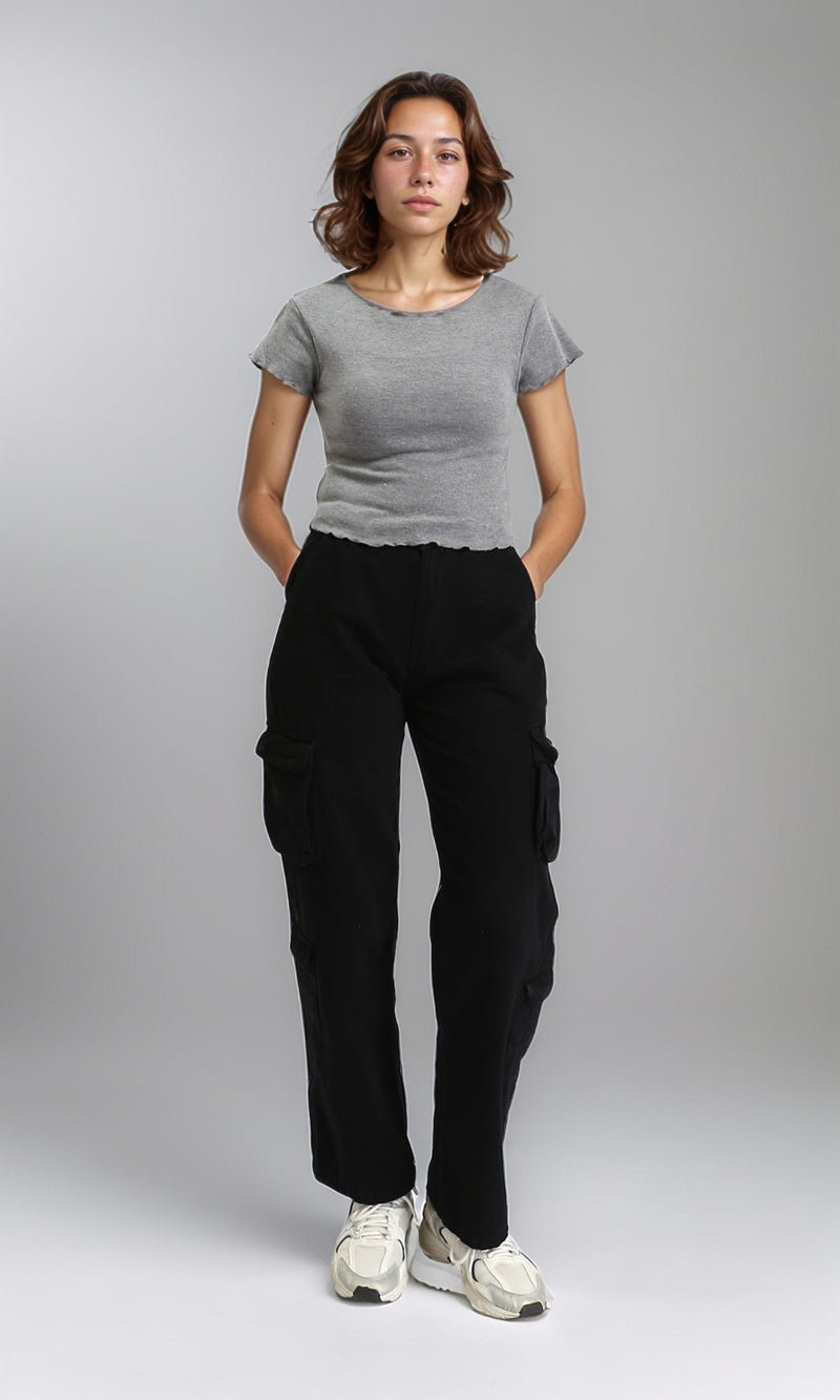 R204538 - Wide Neck Short Sleeves Top - Heather Grey