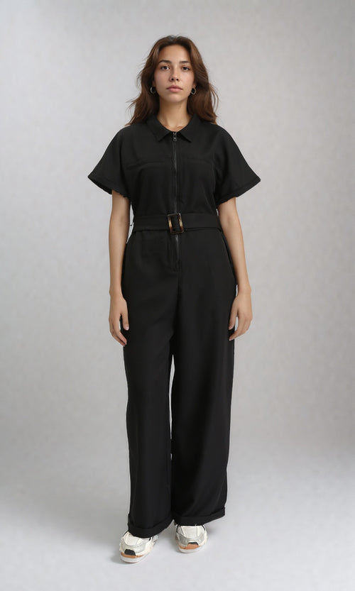 Short Sleeves Solid Zipped Jumpsuit - Black