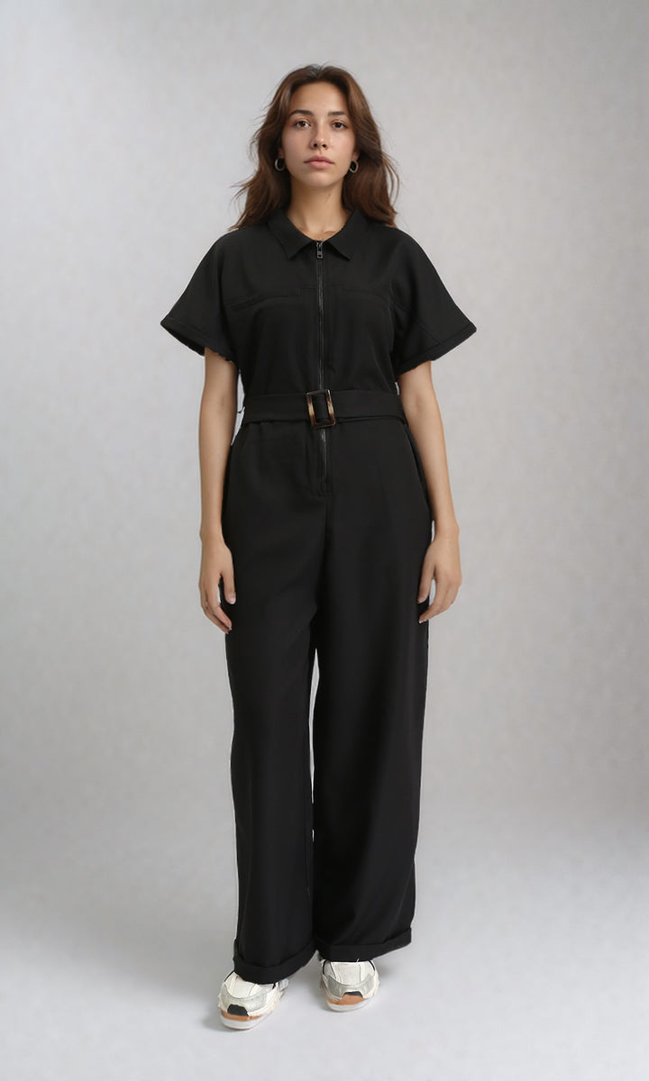 Short Sleeves Solid Zipped Jumpsuit - Black