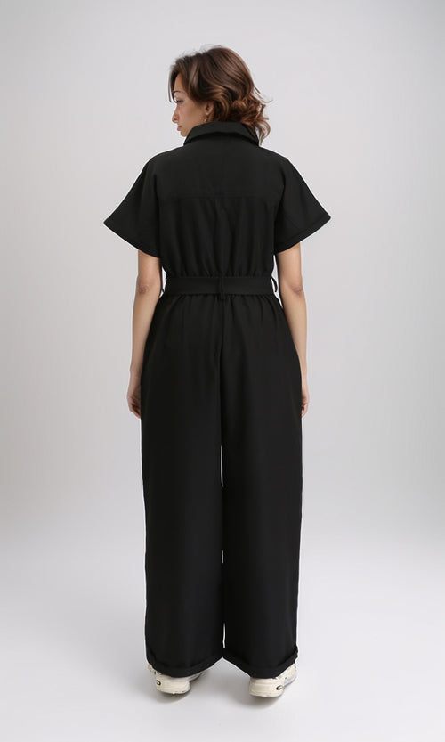R204585 - Short Sleeves Solid Zipped Jumpsuit - Black