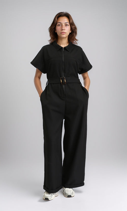 R204585 - Short Sleeves Solid Zipped Jumpsuit - Black