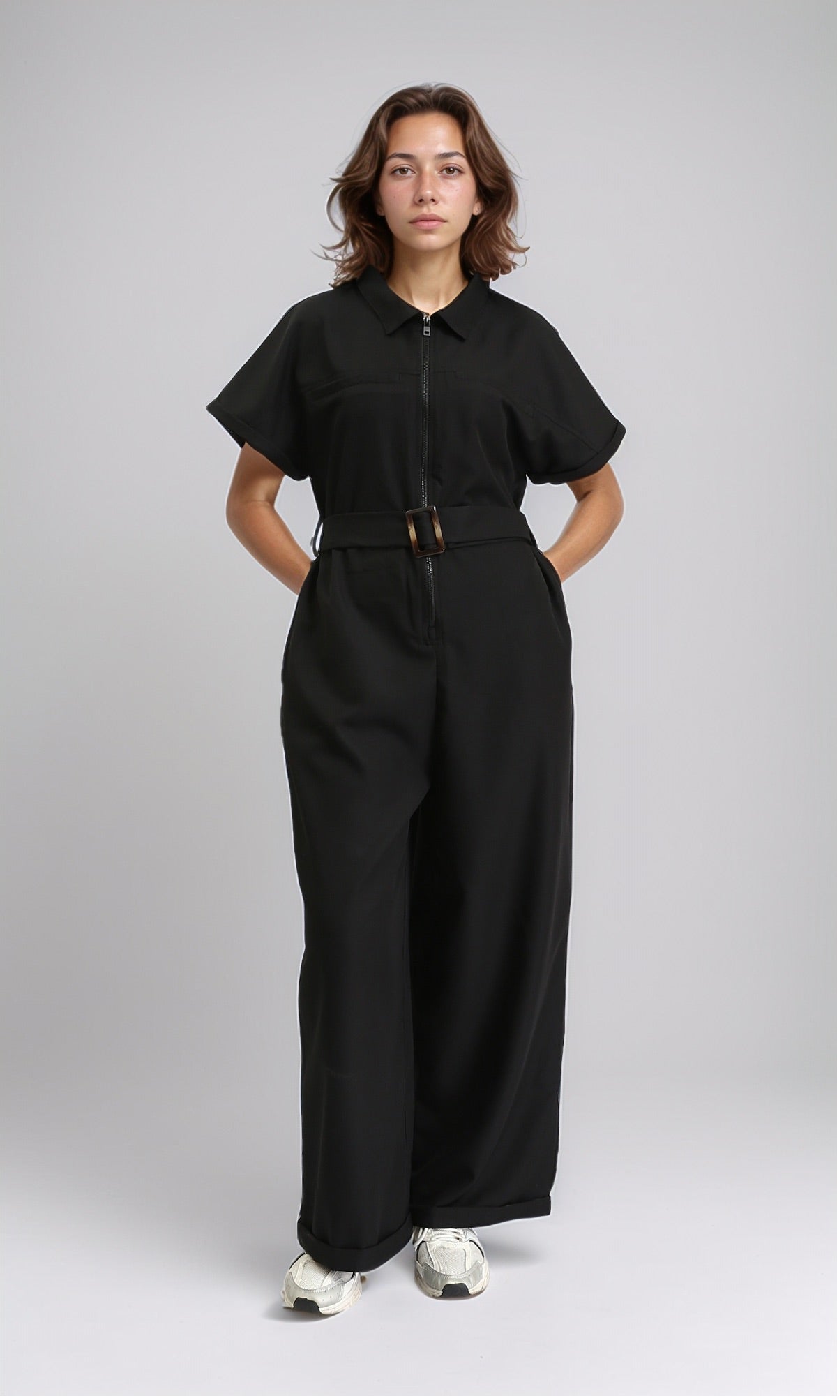 R204585 - Short Sleeves Solid Zipped Jumpsuit - Black