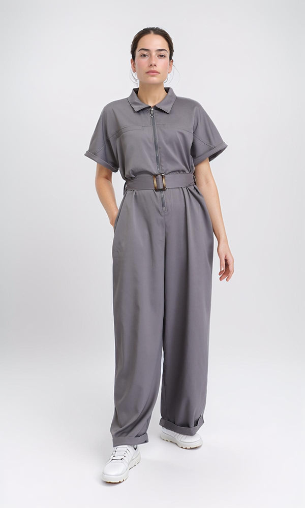R204587 - Short Sleeves Solid Zipped Jumpsuit - Dark Grey