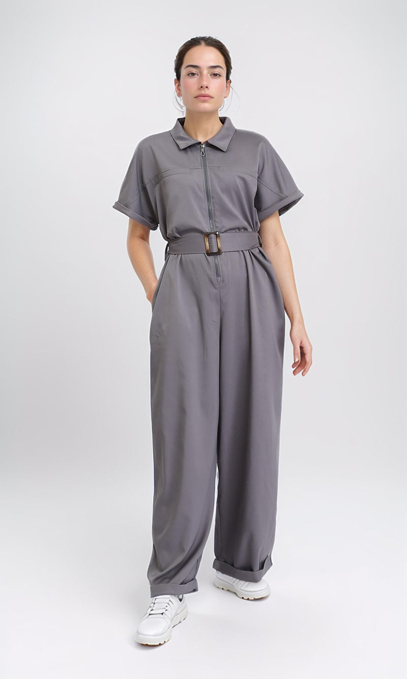 R204587 - Short Sleeves Solid Zipped Jumpsuit - Dark Grey