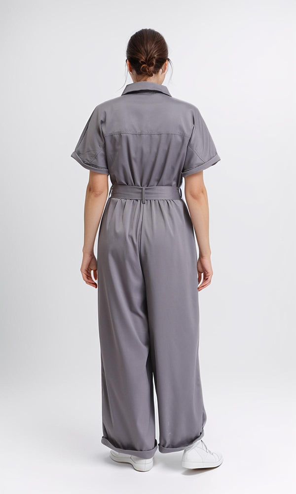R204587 - Short Sleeves Solid Zipped Jumpsuit - Dark Grey