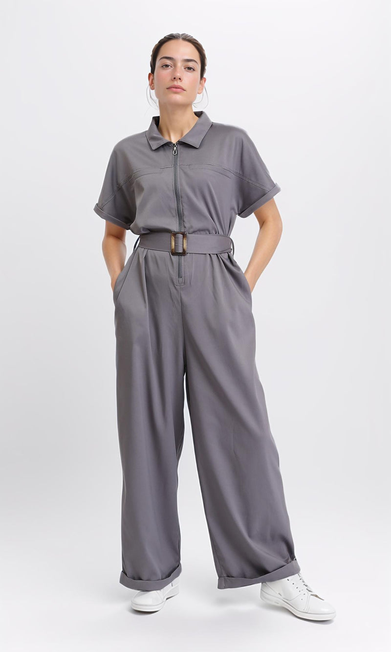 R204587 - Short Sleeves Solid Zipped Jumpsuit - Dark Grey