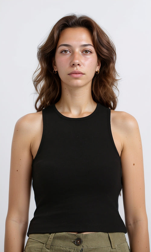 R204588 - Solid Sleeveless Cotton Racer Top - Black